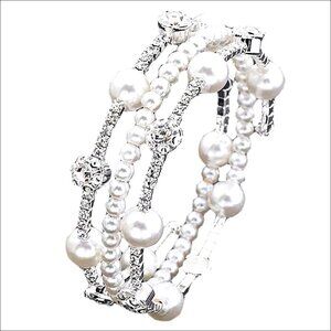 Vintage Pearl Rhinestone Stretch Cuff Bracelet Bridal Wedding Jewelry